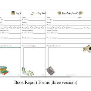 Può includere: Tre moduli di relazione sul libro stampabili con un bordo verde e un design floreale. Ogni modulo ha campi per il nome, il titolo del libro, l'autore, l'illustratore, la valutazione, il personaggio preferito, la morale della storia, la parte preferita e uno spazio per disegnare una parte preferita.