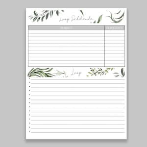 May include: Printable planner page with a floral design and the text "Loop Schedule" and "Loop". The page is divided into two sections, one for scheduling and one for notes.