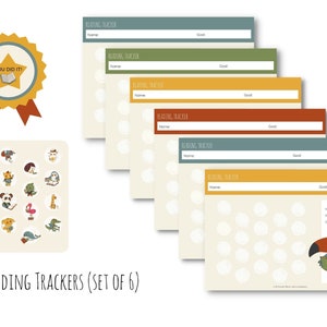 Puede incluir: Conjunto de seis rastreadores de lectura coloridos con un tucán sosteniendo un libro. Cada rastreador tiene un espacio para un nombre, una meta y una cuadrícula de círculos para rastrear el progreso de la lectura. Los rastreadores están diseñados para niños y presentan un diseño divertido y atractivo.
