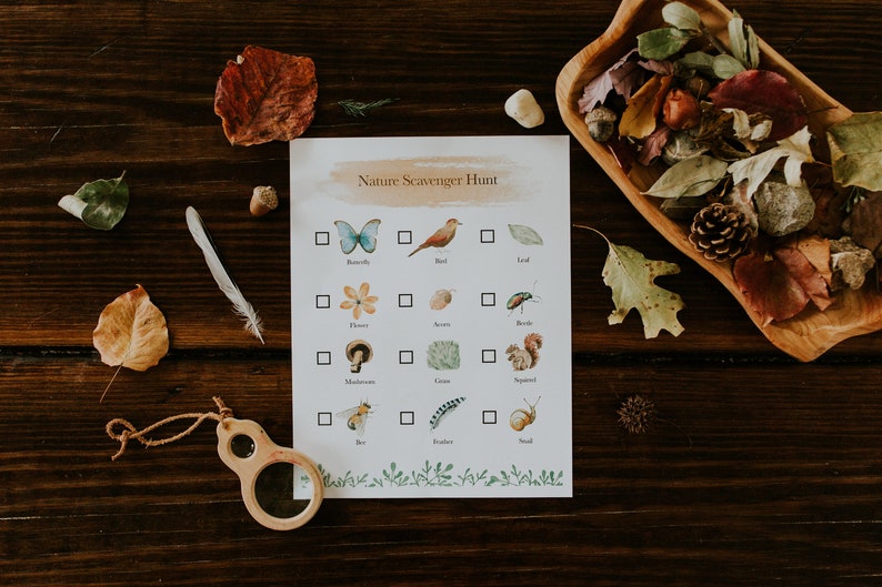 May include: A printable nature scavenger hunt checklist with illustrations of a butterfly, bird, leaf, flower, acorn, beetle, mushroom, grass, squirrel, bee, feather, and snail. The checklist is on a white background with a brown watercolor wash at the top.
