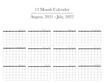 12 Month Calendar // 2021-2022 // TWO versions