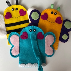 Elephant, Bumblebee & Butterfly Felt Hand Puppets, Hand Puppet, Felt Puppet, Children's Puppet, Animal Puppet, Insect PuppetMontessori Toy image 1