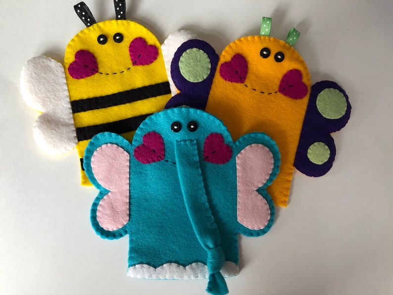 Elephant, Bumblebee & Butterfly Felt Hand Puppets, Hand Puppet, Felt Puppet, Children's Puppet, Animal Puppet, Insect PuppetMontessori Toy image 1