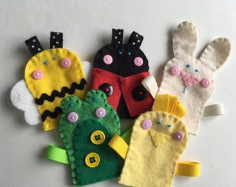 Spring Finger Puppets, Animal Finger Puppets, Felt Finger Puppets, Bee, Ladybug, Bunny, Frog, Chick, Montessori Puppet, Finger Puppet Set