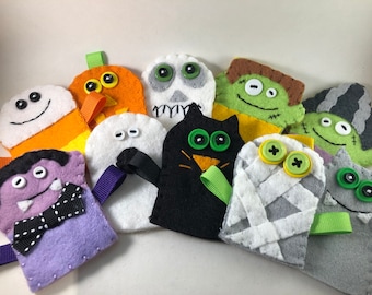 Hallowe'en Finger Puppets, Felt Finger Puppets, Wool Blend Felt Finger Puppets, Ghost, Pumpkin, Vampire, Frankenstein, Skull, Montessori Toy