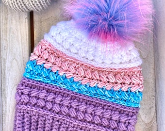 Women beanie, crochet beanie, teen beanie, color block beanie, winter hat,pom pom beanie, handmade beanie, pink beanie