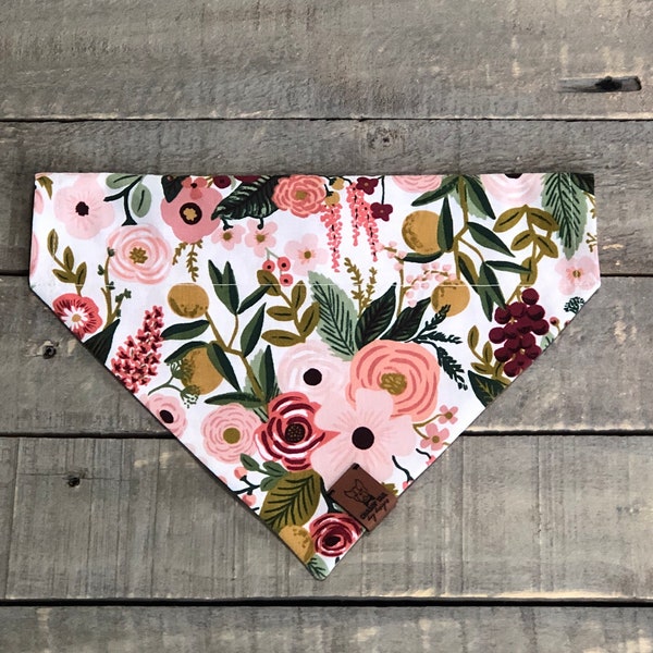 Floral Dog Bandana, Pink, Peach, Burgundy, Over the Collar Dog Bandana, Slip Through Dog Bandana, Dog Bandana, Rifle Paper Company