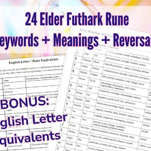 May include: A chart with the 24 Elder Futhark runes, their English letter equivalents, and their meanings and reversals. The chart is on a pink and white background.