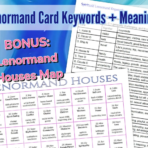 Beginner Lenormand Meanings Keywords + BONUS Lenormand Houses Map Cheatsheet and Workbook Printable PDF for Divination, Grimoire, or BOS