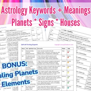 Astrologia para iniciantes, planetas, signos e casas, símbolos e palavras-chave Cheatsheet PDF para impressão para adivinhação, Grimório ou BOS