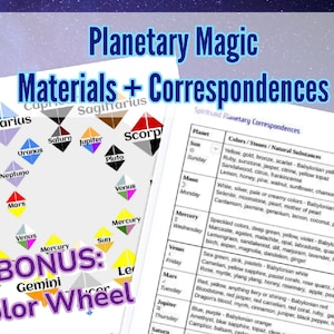 Astrology Planetary Magic Ritual Materials + Colors Cheatsheet Printable PDF for Divination, Grimoire, or BOS