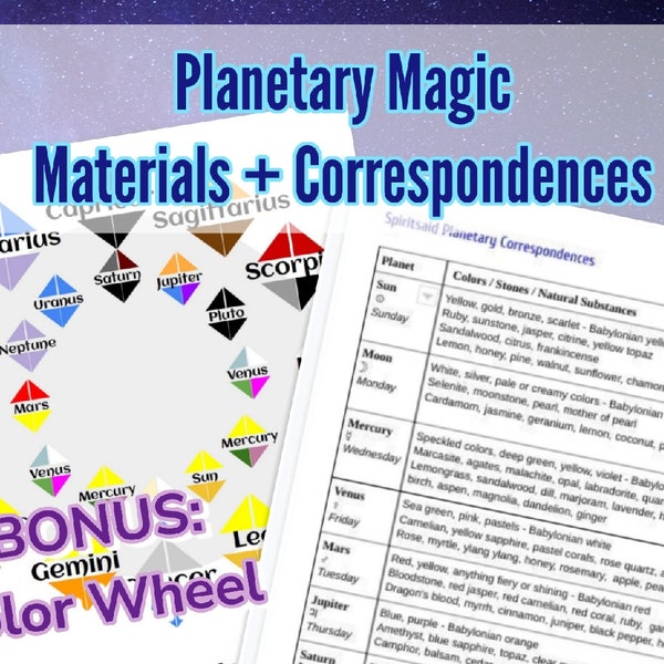 Astrology Planetary Magic Ritual Materials + Colors Cheatsheet Printable PDF for Divination, Grimoire, or BOS