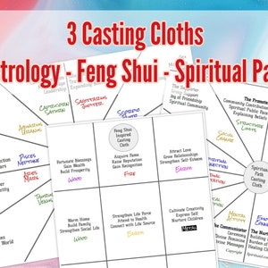May include: A diagram with three sections, each representing a different method of divination: Astrology, Feng Shui, and Spiritual Path. Each section is divided into a grid with astrological signs, elements, and descriptions of their meanings. The diagram is a tool for self-discovery and understanding.