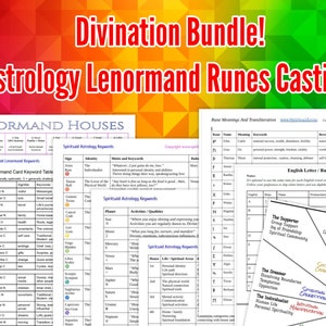 Pode incluir: Um pacote de download digital colorido para adivinhação, incluindo astrologia, cartas Lenormand e runas. O pacote inclui palavras-chave, significados e um gráfico para o lançamento de runas.