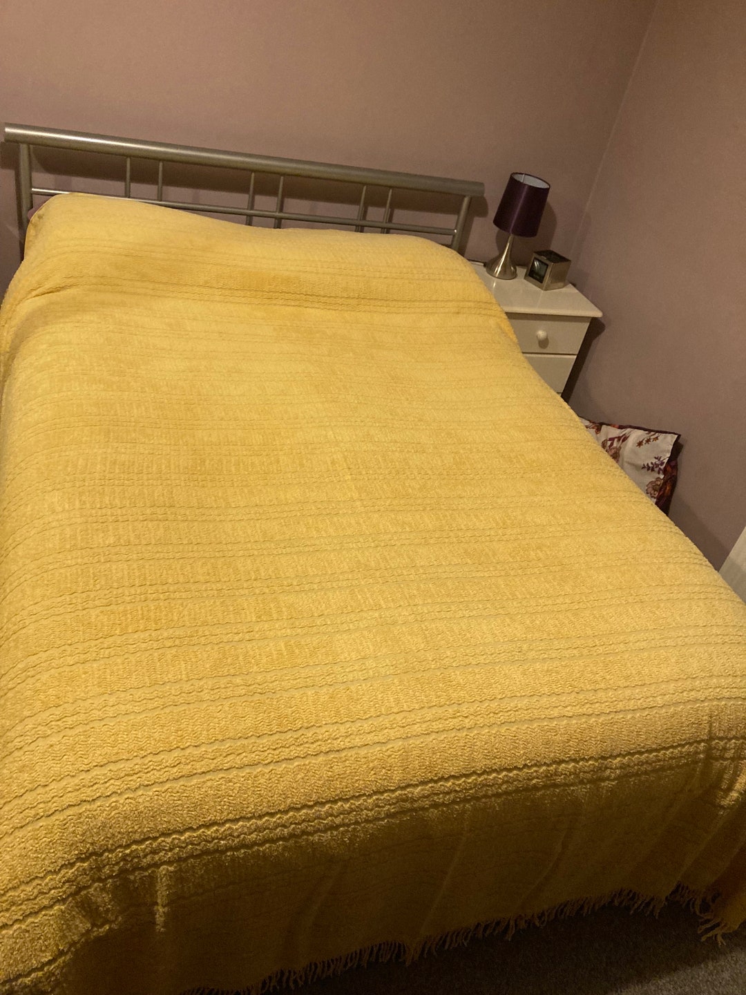 Vintage Candlewick Bedspread, Double Bed, Lemon Yellow. Coverlet. Throw