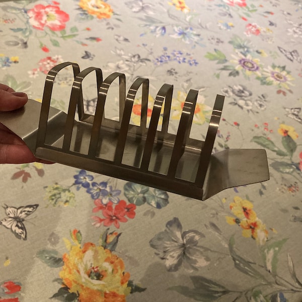 Vintage stainless steel toast rack and tray. Mid century Stainless steel letter holder. Desk tidy.