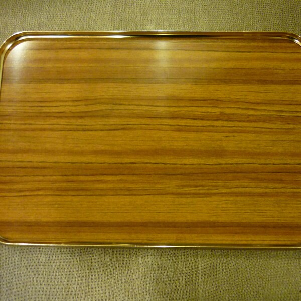 1960's Breakfast Tray, Bed tray, Tea tray. Wood effect Tray Gold Trim 60's Tray. Mid Century Tray