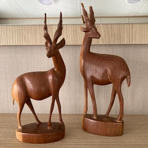 Two Vintage Antelope Figurines, hand carved, solid wood.  Antelope ornaments.  Wooden Antelope Figurines. Deers. C.