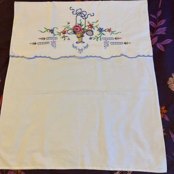 Vintage White Cotton Pillow Case. Petit Point Embroidered Flowers Blue Scalloped trim
