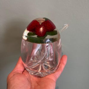 Tarro de mermelada de Lucite vintage con 2 frambuesas en la tapa. Tarro de mermelada. Tarro de conservas. Tarro de mermelada con cuchara.