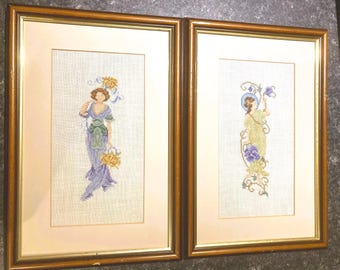 Pair Embroidered Pictures in frames. Framed Handcrafted Pictures. Linen with cross-stitch ladies. Vintage lady pictures
