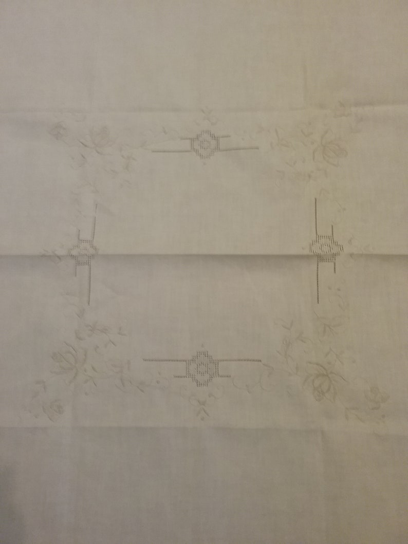 Vintage Beige Cotton Tablecloth and Napkins C. New Old Stock with Drawn and Embroidered Threadwork