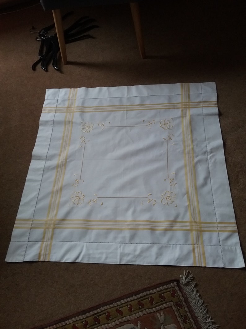 Easter Tablecloth Vintage Linen Tablecloth White and Lemon machined embroidered tablecloth C.