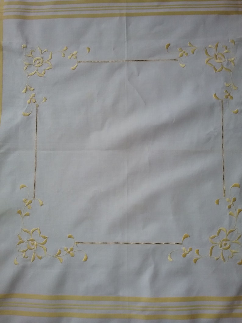 Easter Tablecloth Vintage Linen Tablecloth White and Lemon machined embroidered tablecloth C.