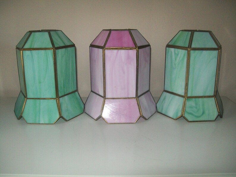 Set Of 3 Vintage Slag Glass Lamp Shades Marble Malachite Ceiling Pendant Shade