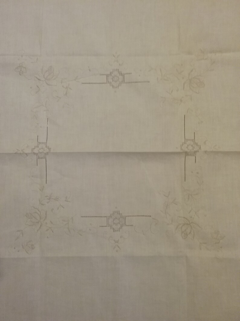 Vintage Beige Cotton Tablecloth and Napkins C. New Old Stock with Drawn and Embroidered Threadwork