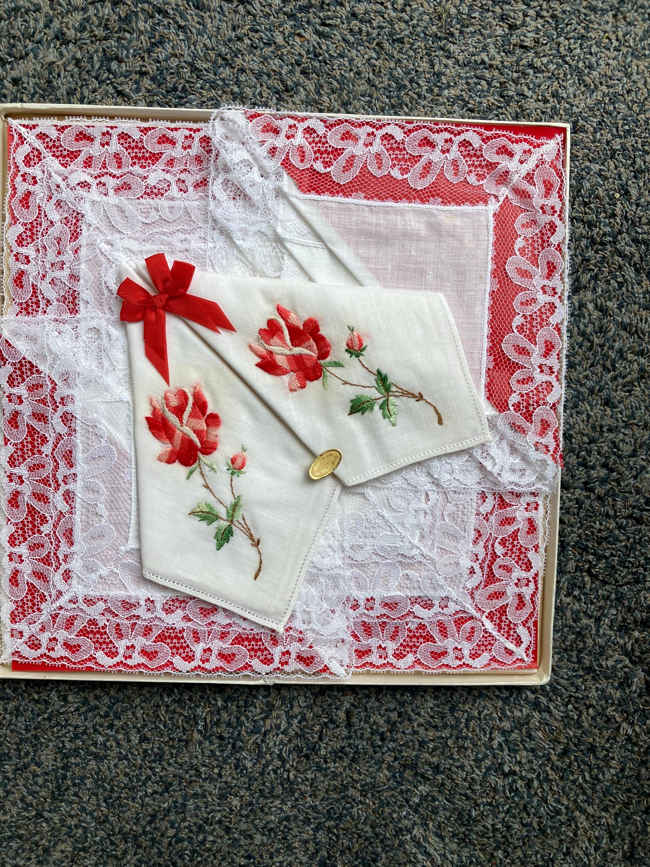 Box of 6 Vintage Irish hankies. Made in Northern Ireland. Lace and embroidered. Hankerchief. Wedding Hankie.