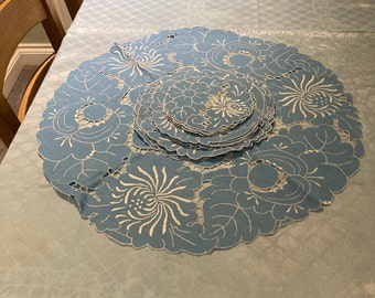 Set of 19 blue embroidery anglaise linen placemats. Large centrepiece, 6 large, 6 medium, 6 small placemats.