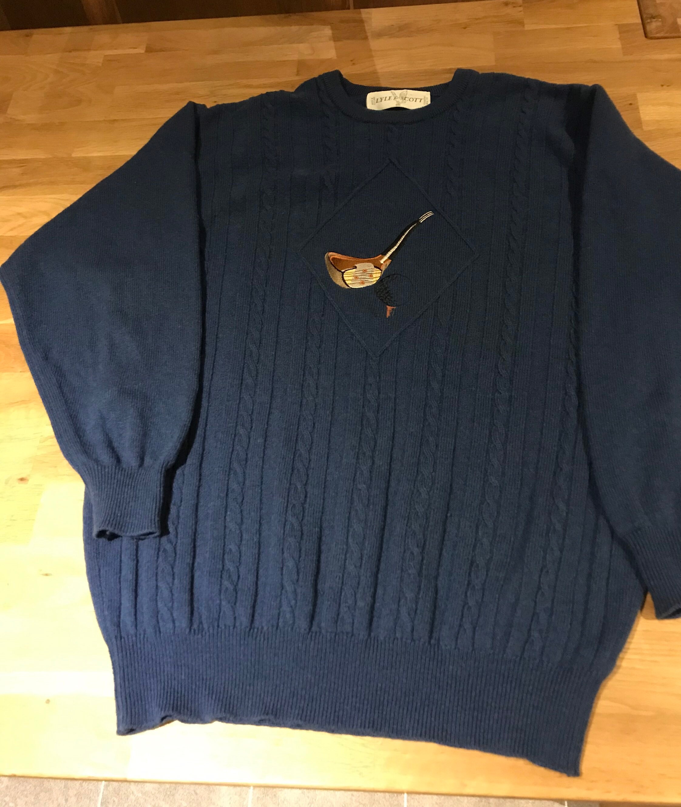 Image of Lambswool Golf Jumper. Size Uk 42 Made in Scotland. Lyle & Scott. Blue Wool Mans Jumper. Scottish. Golfing Pure New