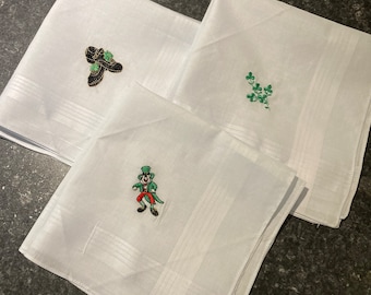 Irish handkerchiefs. Men's hankies, white with stripe boarder Irish symbols. Leprechauns, shamrocks, Irish dancing pumps