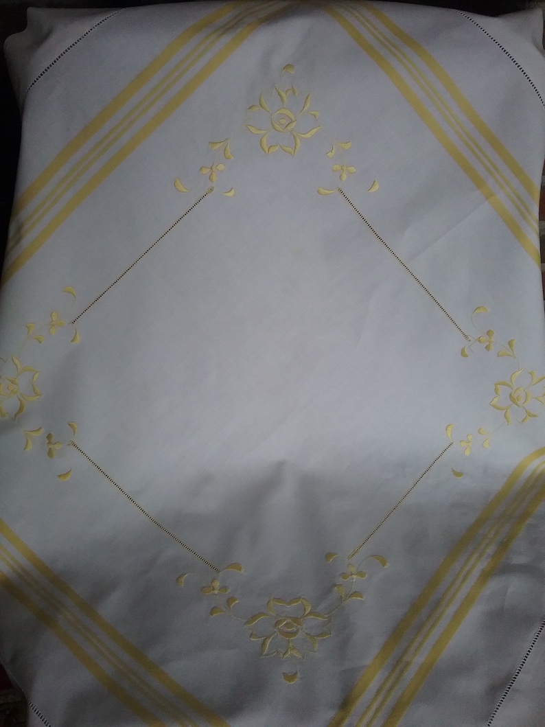 Easter Tablecloth Vintage Linen Tablecloth White and Lemon machined embroidered tablecloth C.
