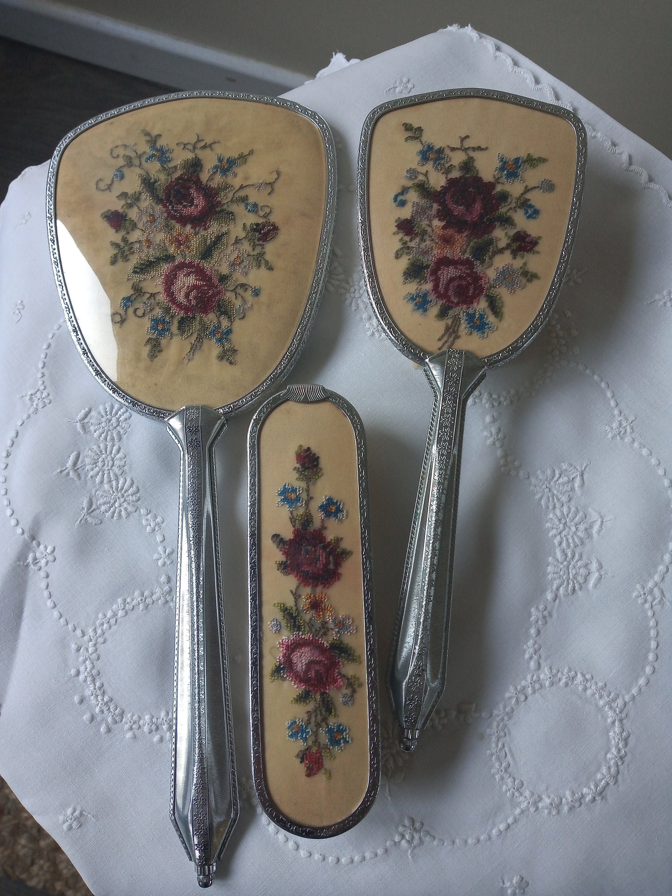 Vintage 3 piece Petit point Vanity Set, hand-embroidered three-piece dressing table set. Decorative Silver Metal Handles