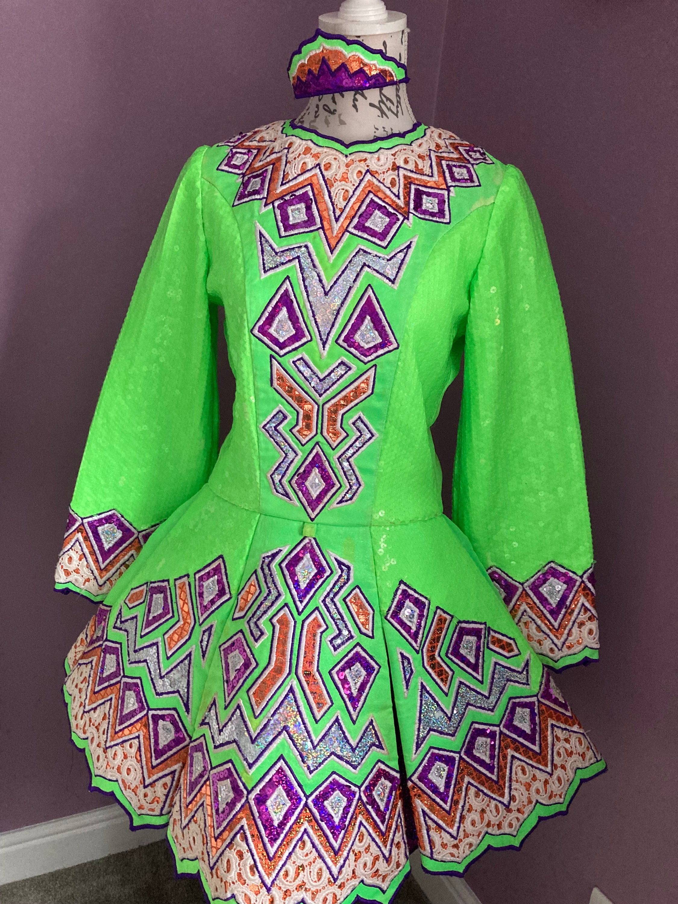 Embroidered Irish Dance Dress with Headband: Green, Purple & Gold