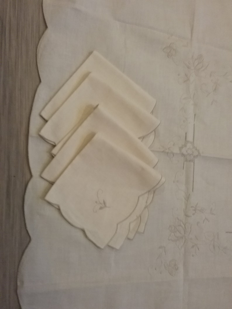 Vintage Beige Cotton Tablecloth and Napkins C. New Old Stock with Drawn and Embroidered Threadwork