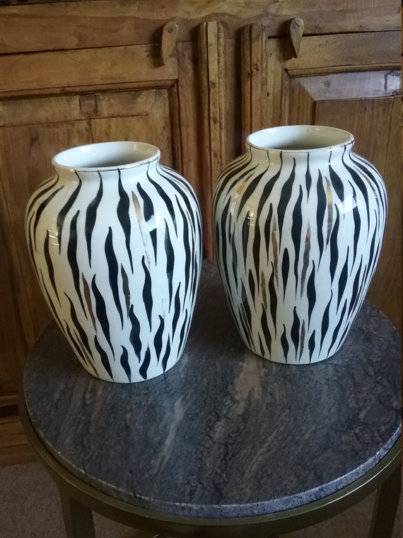 Vintage J Fryer Old Court Ware Vases Stripped Black And Etsy