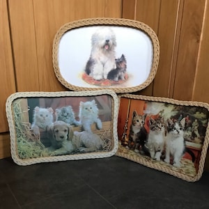 15% PRICE REDUCTION Vintage Wicker Tray selection. Display Tray. Kittens Pup. Basket Woven Wicker. Serving Tray Melamine. Imperial. British