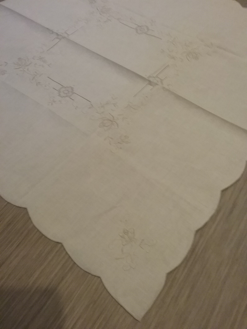 Vintage Beige Cotton Tablecloth and Napkins C. New Old Stock with Drawn and Embroidered Threadwork