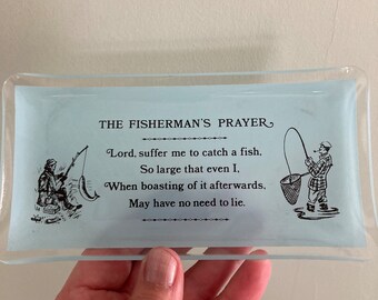 10 % DE RÉDUCTION DE PRIX Plateau à sandwich en verre du pêcheur. Plaque de verre peinte en bleu poudré. Prière du pêcheur. Assiette religieuse. Verre chance
