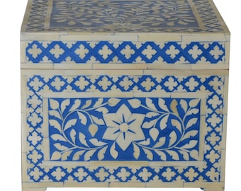 Moroccan Inspired Blue Wooden Bone Inlay Jewelry Box