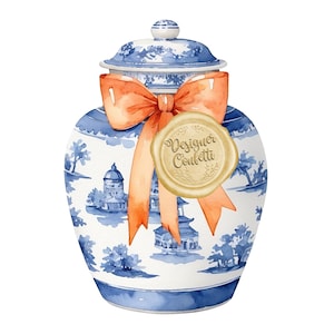 Aquarell Toile Ginger Jars, Orange Blau Clipart, Schleifen, Herbst, Herbst, Preppy, Grand Millennial, Halloween, Clip Art PNG, kommerzielle Nutzung