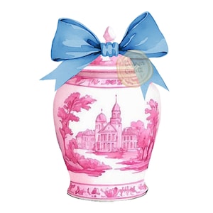 Aquarell Toile Pink Ginger Jars, Blaue Schleife Clipart, Chinoiserie, Preppy, Grand Millennial, Clip Art PNG, kommerzielle Nutzung
