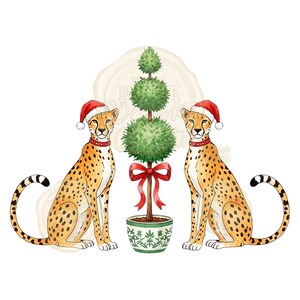 May include: Watercolor illustration featuring two cheetahs wearing Santa hats and red collars, flanking a topiary tree adorned with a red bow. The cheetahs have tan fur with black spots and striped tails. The tree is in a green and white patterned pot.