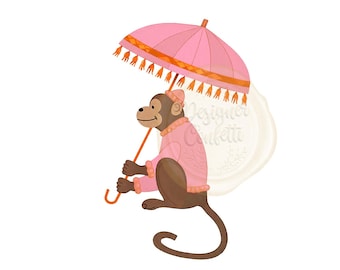 Watercolor Digital Monkeys Clipart, Umbrellas, Parasol, Frame, Preppy, Chinoiserie, Commercial Use, PNG, DIY, Pink, Character Art