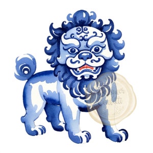 Acquerello Foo Dog, Clipart di cane blu preppy, Chinoiserie, Preppy, Grand Millennial, Clip Art PNG, Uso commerciale