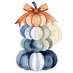 Aquarell gestapelt Kürbis Clipart, Schleife, Herbst, Herbst, Preppy, Grand Millennial, Halloween, Blau, Orange, Clip Art PNG-Datei, kommerzielle Nutzung