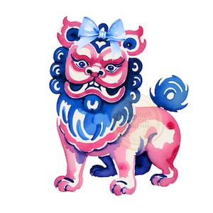 Acquerello Foo Dog, Clipart di cane blu, Chinoiserie, Preppy, Grand Millennial, Clip Art PNG, Uso commerciale
